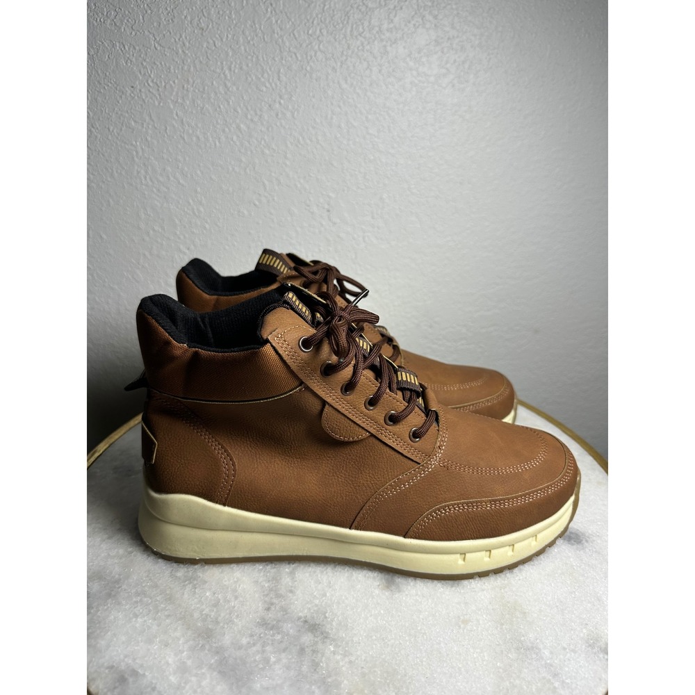Mens Cognac‎ Brown Faux Leather Mid Top Sneaker Boots Casual Outdoor Shoes